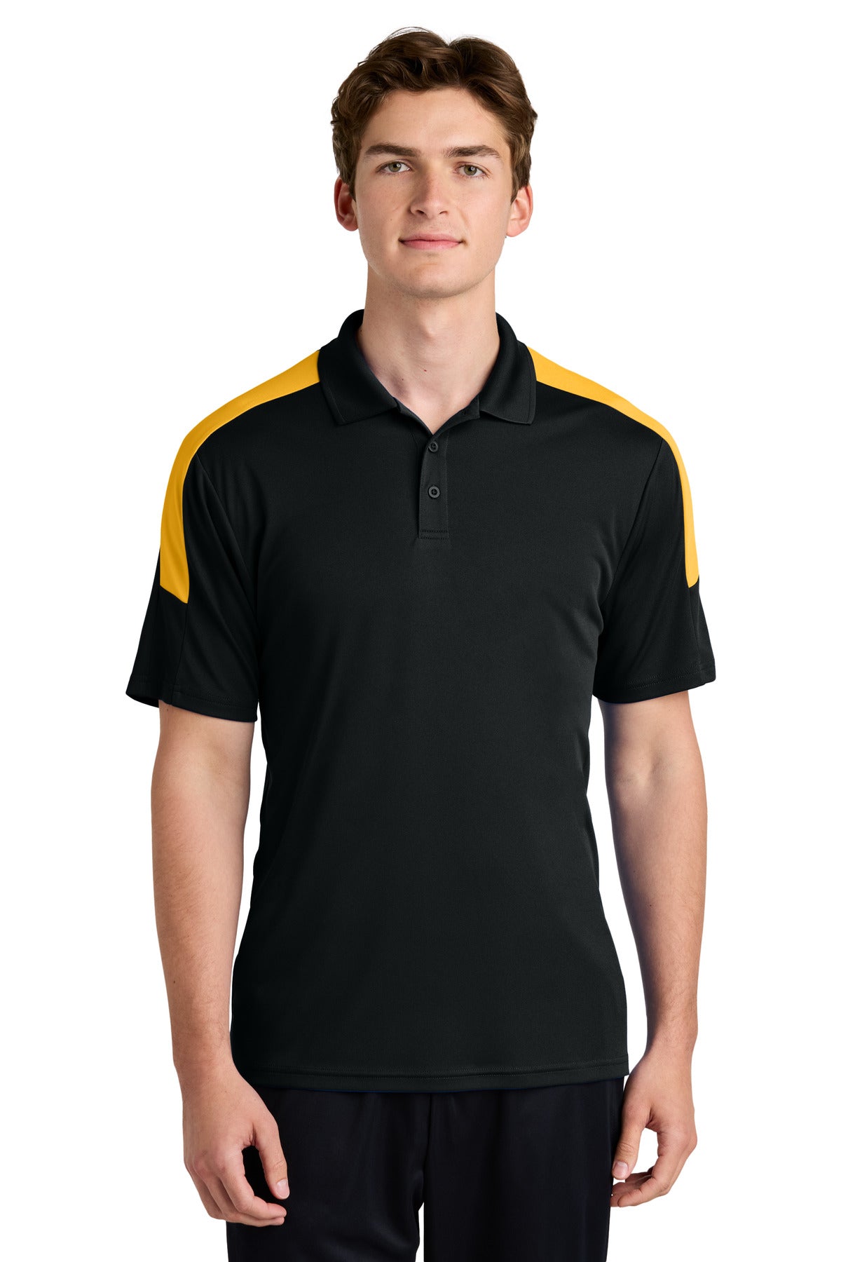 Front View of Black/Gold Sport-Tek Competitor United Polo ST104  - XS