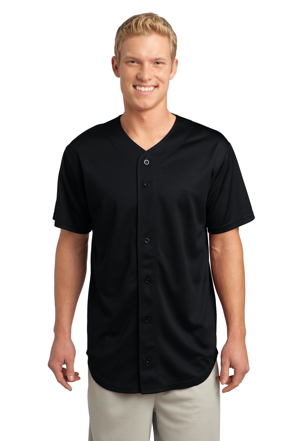 Front View of Black Sport-Tek PosiCharge Tough Mesh Full-Button Jersey. ST220  - XS
