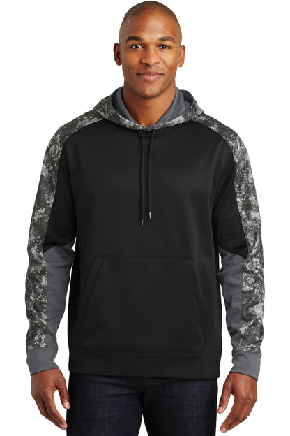 Front View of Black/Black Sport-Tek Sport-Wick Mineral Freeze Fleece Colorblock Hooded Pullover. ST231  - XS