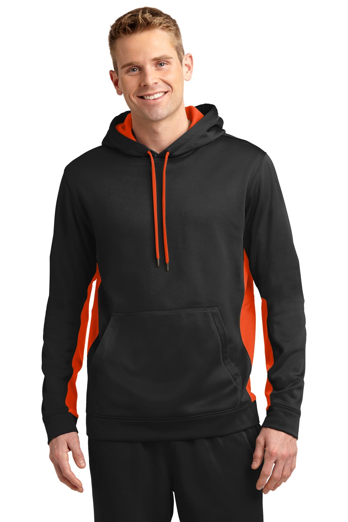 Front View of Blk/Deep Orng Sport-Tek Sport-Wick Fleece Colorblock Hooded Pullover. ST235  - XS