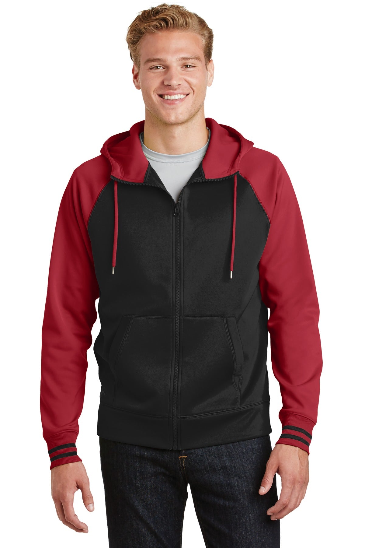 Front View of Blk/Deep Red Sport-Tek Sport-Wick Varsity Fleece Full-Zip Hooded Jacket. ST236  - XS