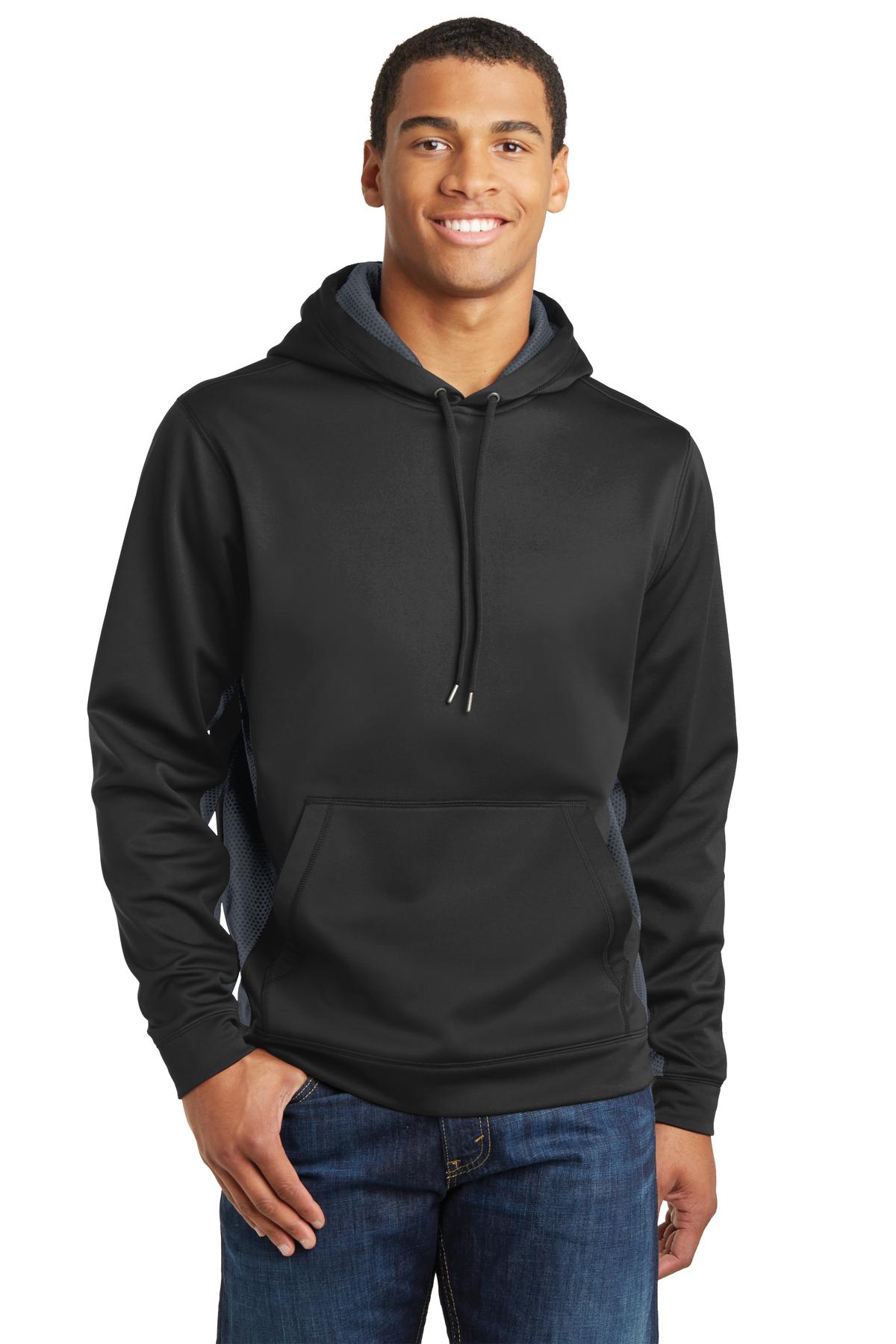 Front View of Blk/Dk Smk Gry Sport-Tek Sport-Wick CamoHex Fleece Colorblock Hooded Pullover. ST239  - XS