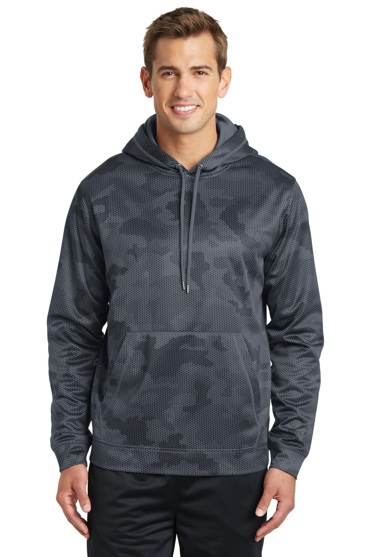 Front View of Dk Smoke Grey Sport-Tek Sport-Wick CamoHex Fleece Hooded Pullover. ST240  - XS