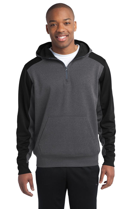 Front View of Grph Hea/Black Sport-Tek Tech Fleece Colorblock 1/4-Zip Hooded Sweatshirt. ST249  - XS