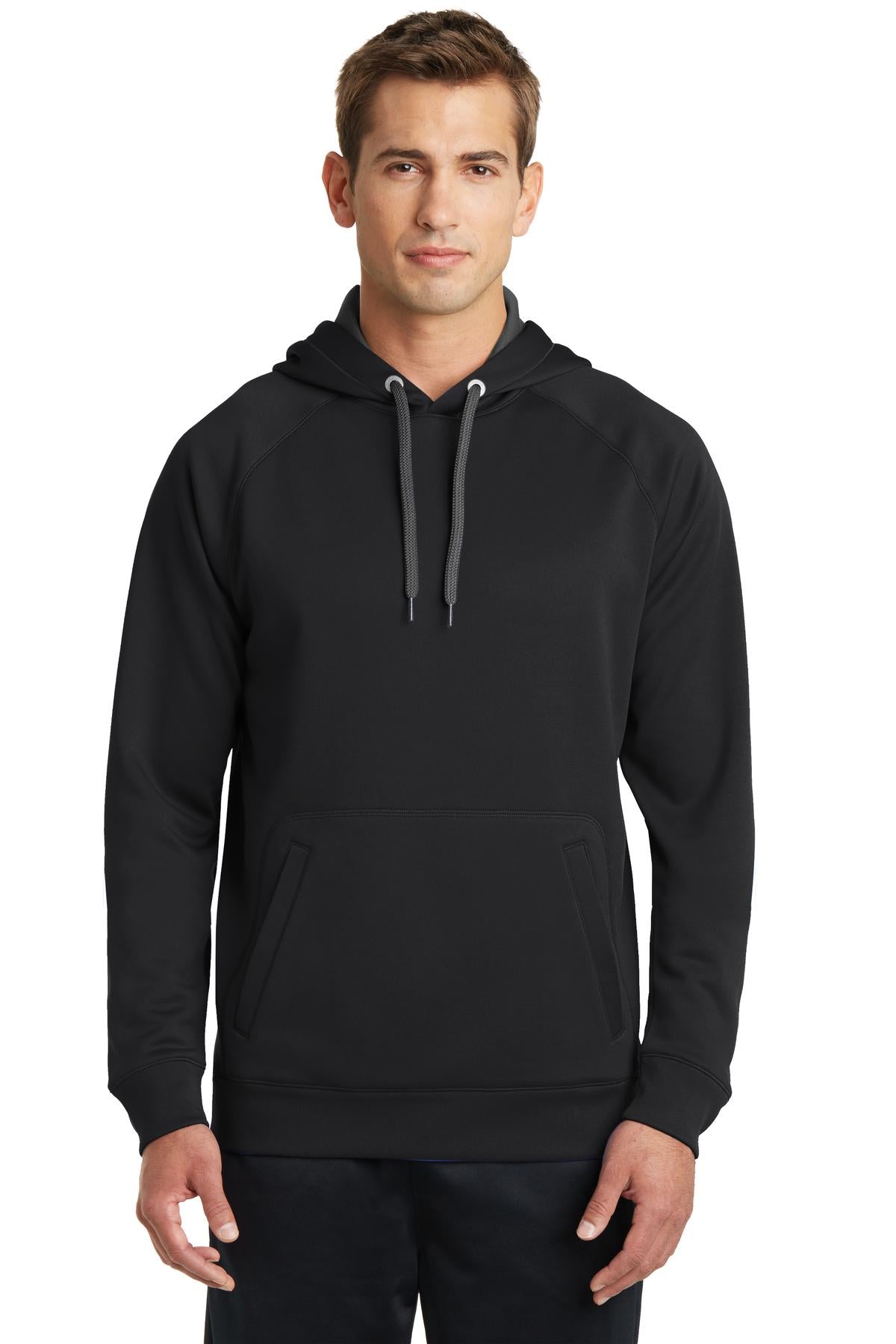 Front View of Black Sport-Tek Tech Fleece Hooded Sweatshirt. ST250  - XS