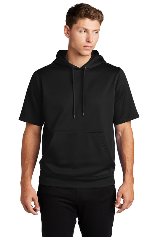 Front View of Black Sport-Tek Sport-Wick Fleece Short Sleeve Hooded Pullover. ST251  - XS