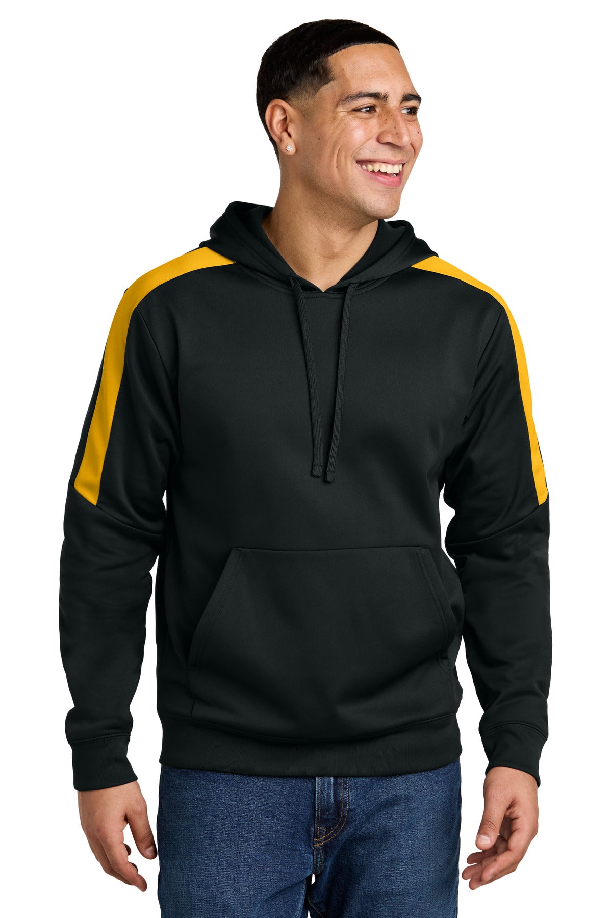 Front View of Black/Gold Sport-Tek Sport-Wick Fleece United Pullover Hoodie ST255  - XS
