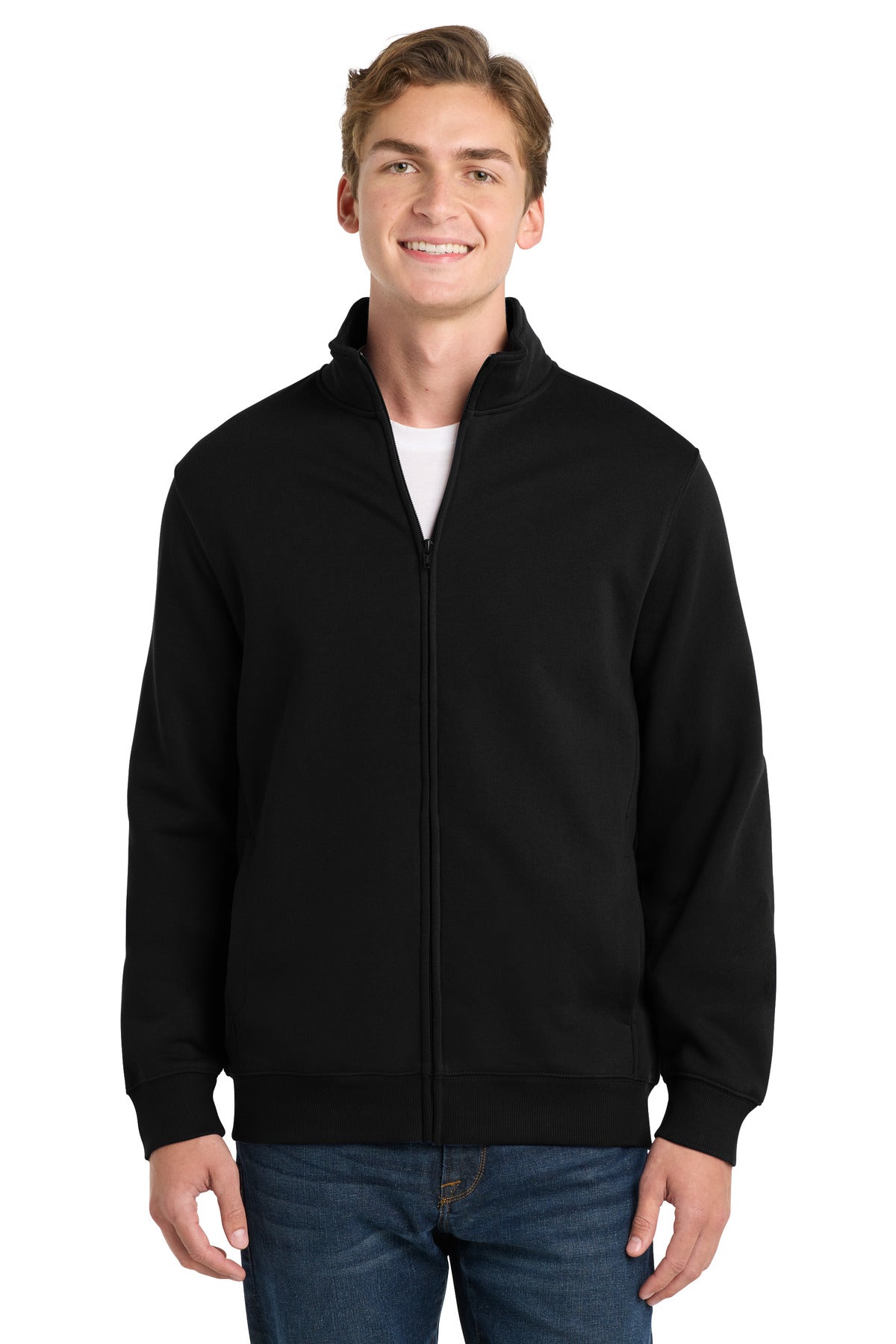 Front View of Black Sport-Tek Full-Zip Sweatshirt. ST259  - XS