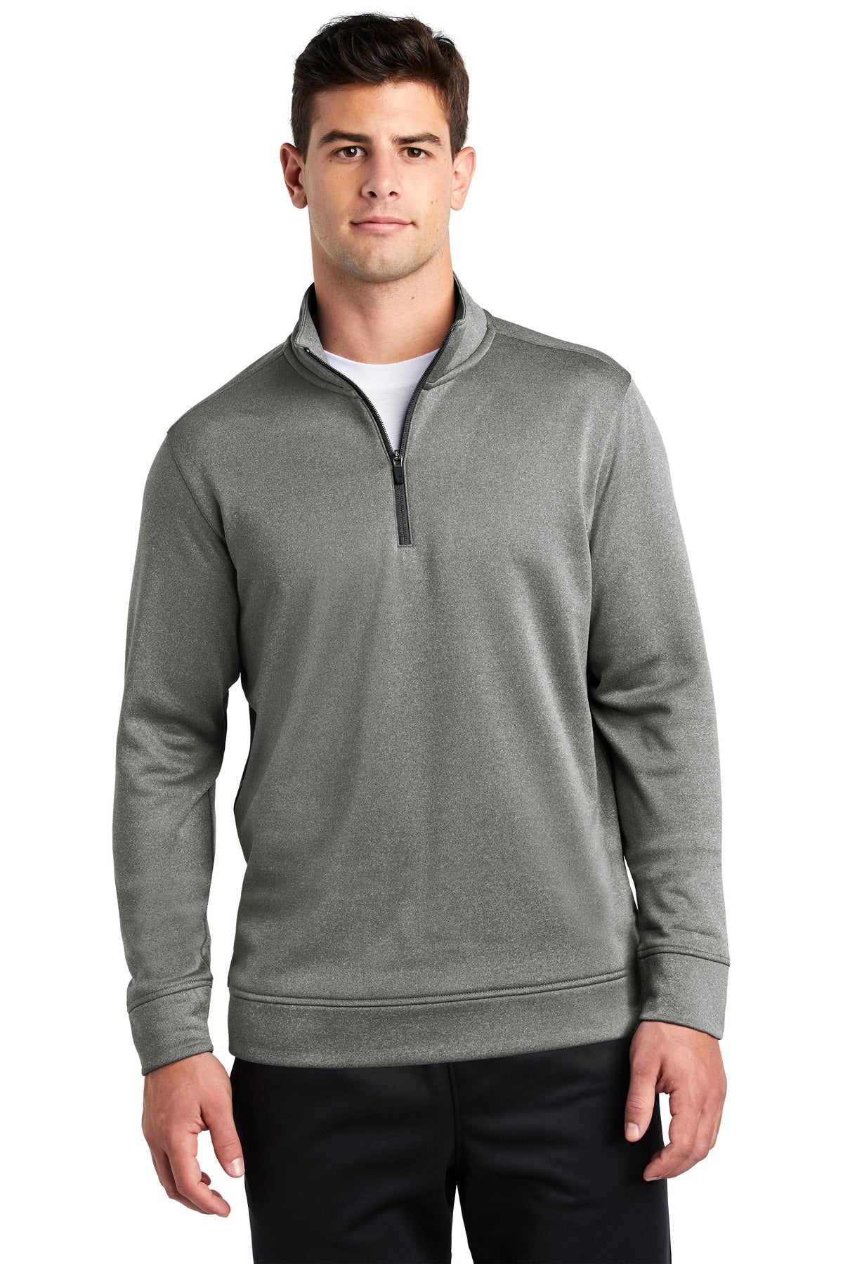 Front View of Black Hthr Sport-Tek PosiCharge Sport-Wick Heather Fleece 1/4-Zip Pullover. ST263  - XS