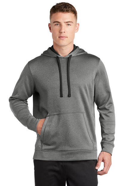 Front View of Black Hthr Sport-Tek PosiCharge Sport-Wick Heather Fleece Hooded Pullover. ST264  - XS