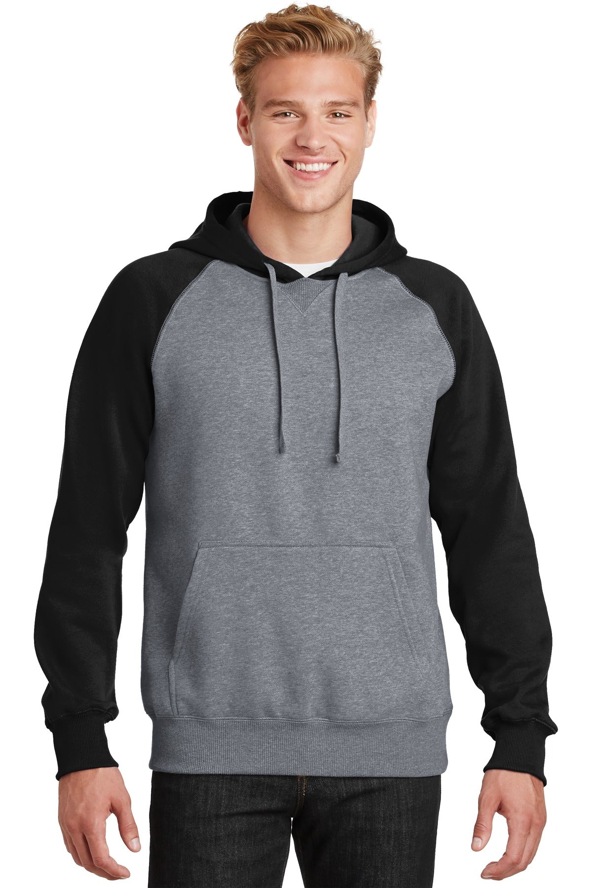 Front View of Black/Vnt Hthr Sport-Tek Raglan Colorblock Pullover Hooded Sweatshirt. ST267  - XS