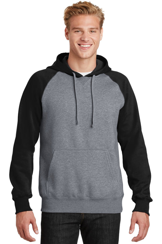 Front View of Black/Vnt Hthr Sport-Tek Raglan Colorblock Pullover Hooded Sweatshirt. ST267  - XS