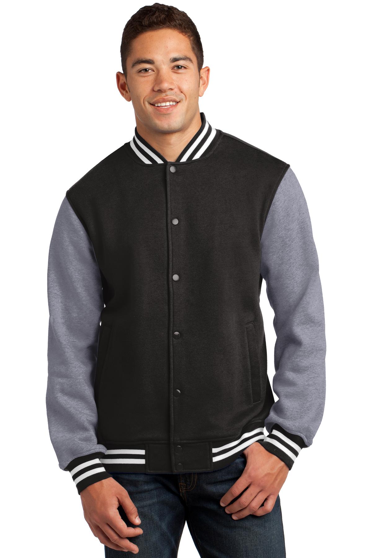 Front View of Black/Vnt Hthr Sport-Tek Fleece Letterman Jacket. ST270  - XS