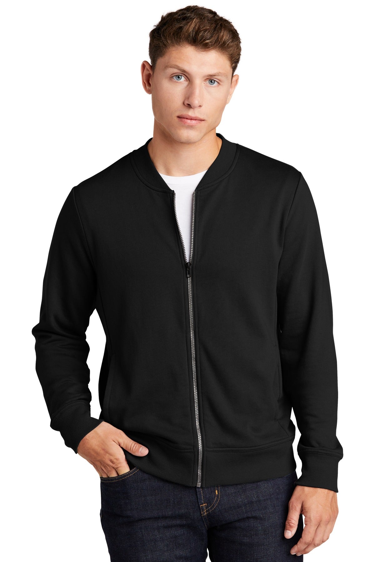 Front View of Black Sport-Tek Lightweight French Terry Bomber. ST274  - XS