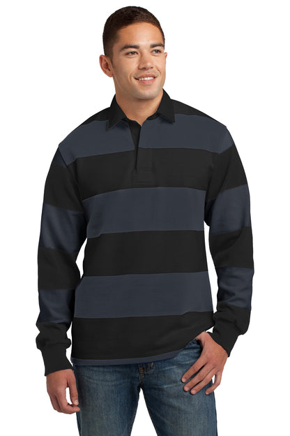 Front View of Black/Graph Gy Sport-Tek Classic Long Sleeve Rugby Polo. ST301  - XS