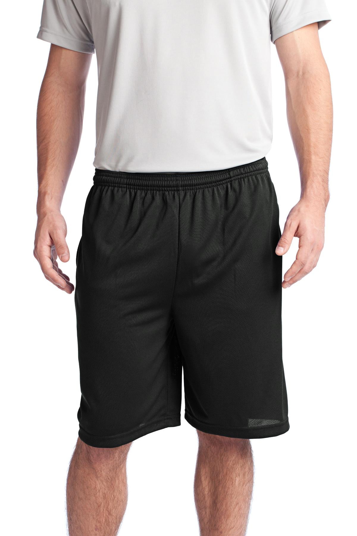 Front View of Black Sport-Tek PosiCharge Tough Mesh Pocket Short. ST312  - XS