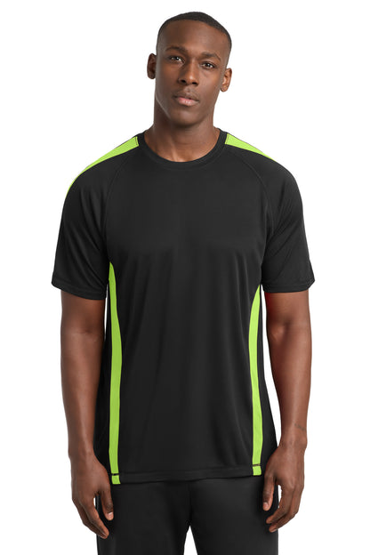 Front View of Black/Lime Shk Sport-Tek Colorblock PosiCharge Competitor Tee. ST351  - XS