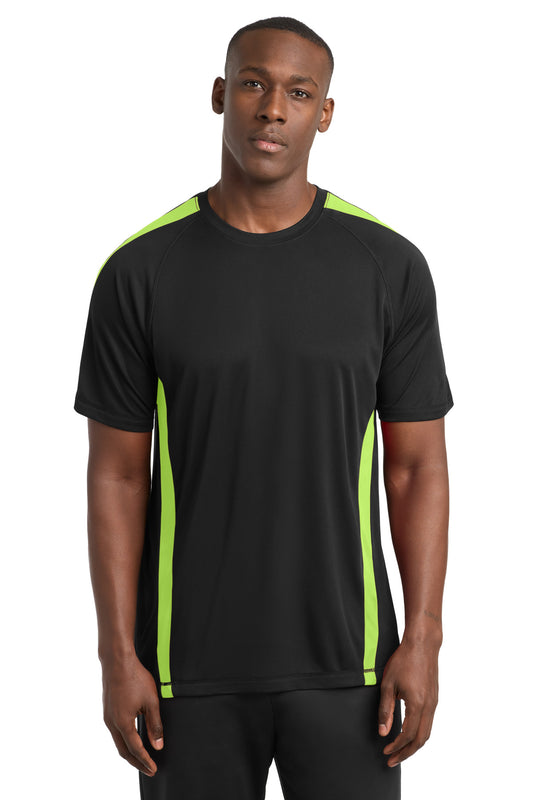 Front View of Black/Lime Shk Sport-Tek Colorblock PosiCharge Competitor Tee. ST351  - XS