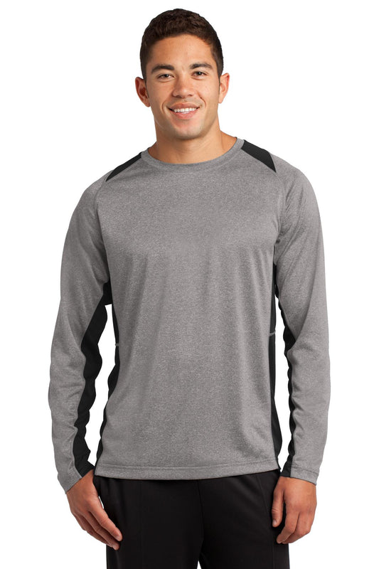 Front View of Vnt He/Black Sport-Tek Long Sleeve Heather Colorblock Contender Tee. ST361LS  - XS