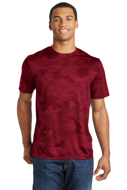 Front View of Deep Red Sport-Tek CamoHex Tee. ST370  - XS