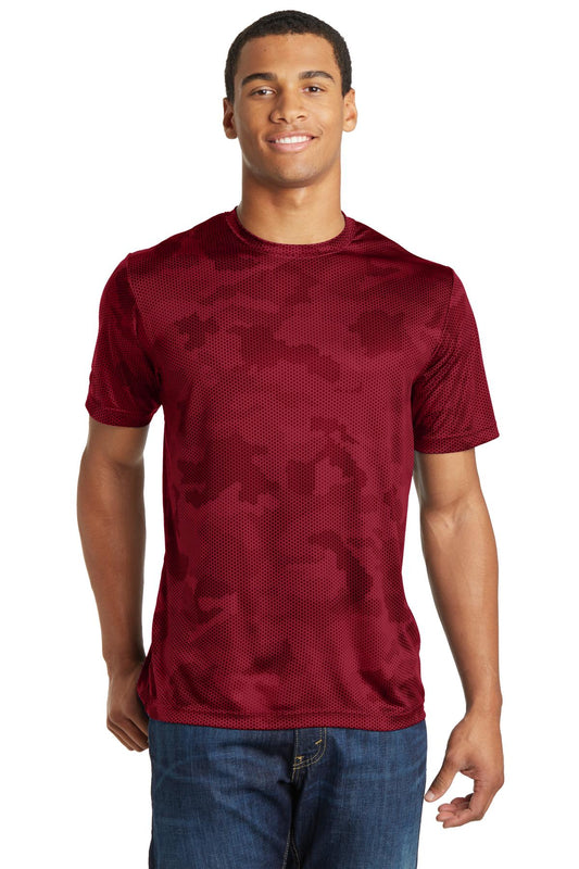 Front View of Deep Red Sport-Tek CamoHex Tee. ST370  - XS
