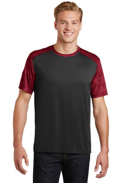 Front View of Black/Deep Red Sport-Tek CamoHex Colorblock Tee. ST371  - XS