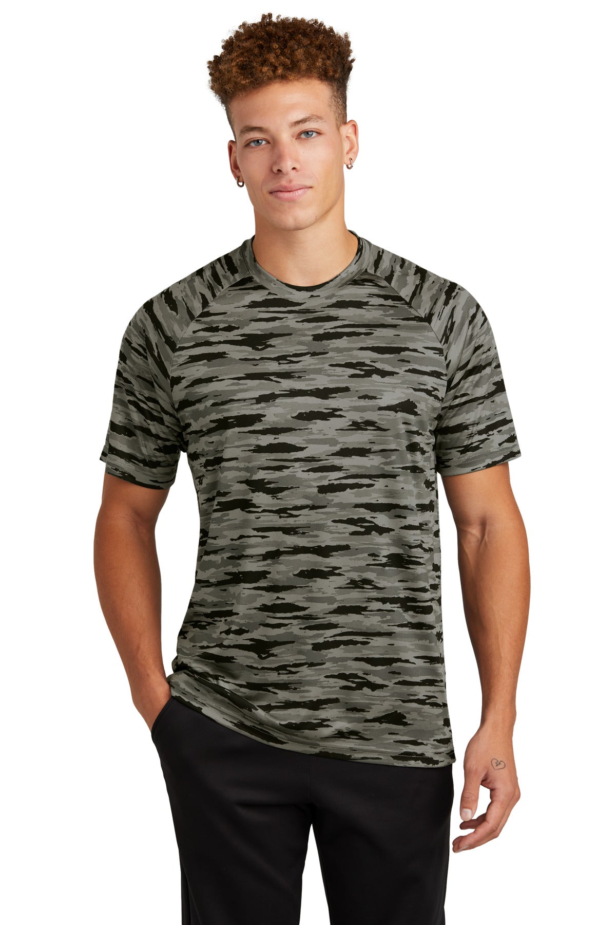 Front View of Black Sport-Tek Drift Camo Tee ST375  - XS