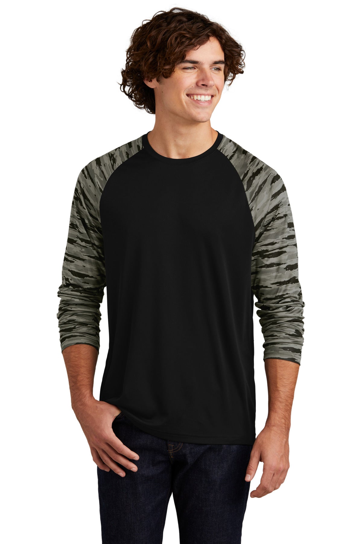 Front View of Black Sport-Tek Drift Camo Colorblock Long Sleeve Tee ST376LS  - XS
