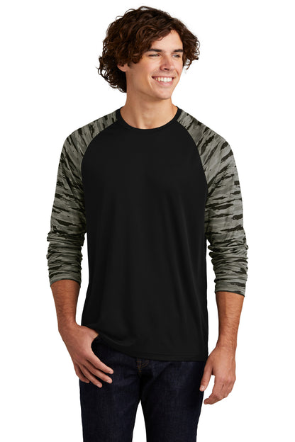 Front View of Black Sport-Tek Drift Camo Colorblock Long Sleeve Tee ST376LS  - XS