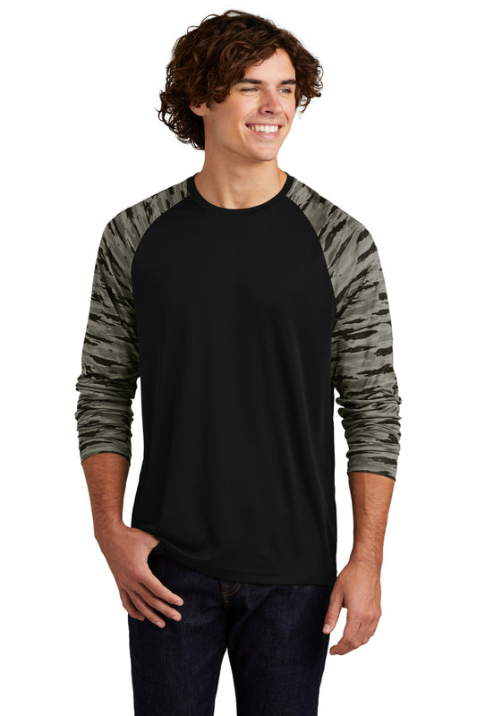 Front View of Black Sport-Tek Drift Camo Colorblock Long Sleeve Tee ST376LS  - XS