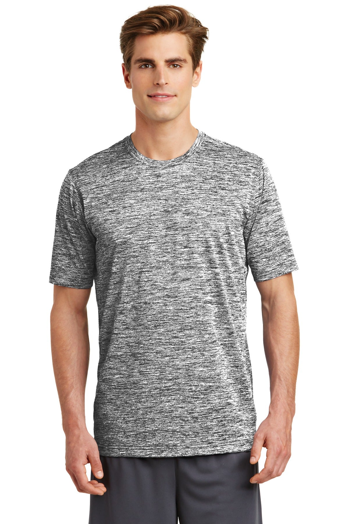 Front View of Black Electric Sport-Tek PosiCharge Electric Heather Tee. ST390  - XS