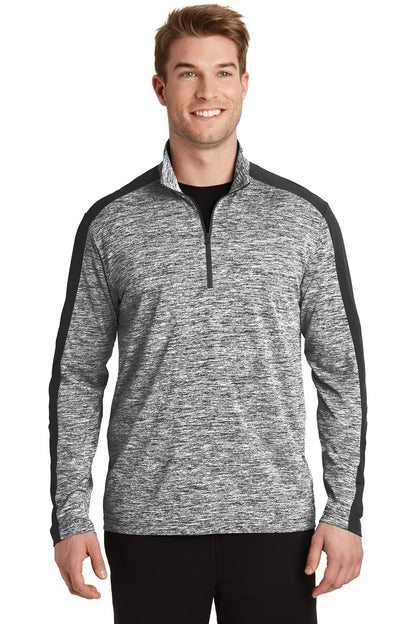 Front View of Black El/Black Sport-Tek PosiCharge Electric Heather Colorblock 1/4-Zip Pullover. ST397  - XS
