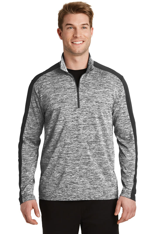 Front View of Black El/Black Sport-Tek PosiCharge Electric Heather Colorblock 1/4-Zip Pullover. ST397  - XS