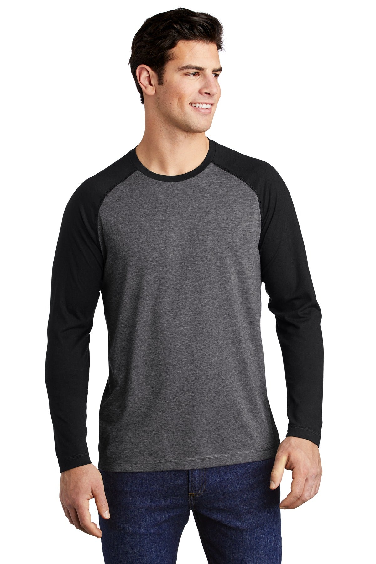 Front View of Blk TS/Dk Gy H Sport-Tek PosiCharge Long Sleeve Tri-Blend Wicking Raglan Tee ST400LS  - XS