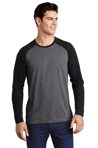 Front View of Blk TS/Dk Gy H Sport-Tek PosiCharge Long Sleeve Tri-Blend Wicking Raglan Tee ST400LS  - XS