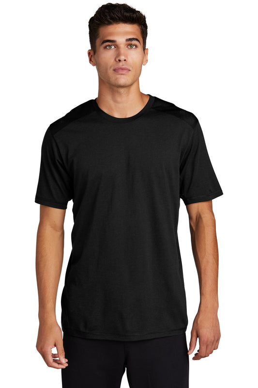 Front View of Black/Black TS Sport-Tek PosiCharge Tri-Blend Wicking Draft Tee. ST410  - XS