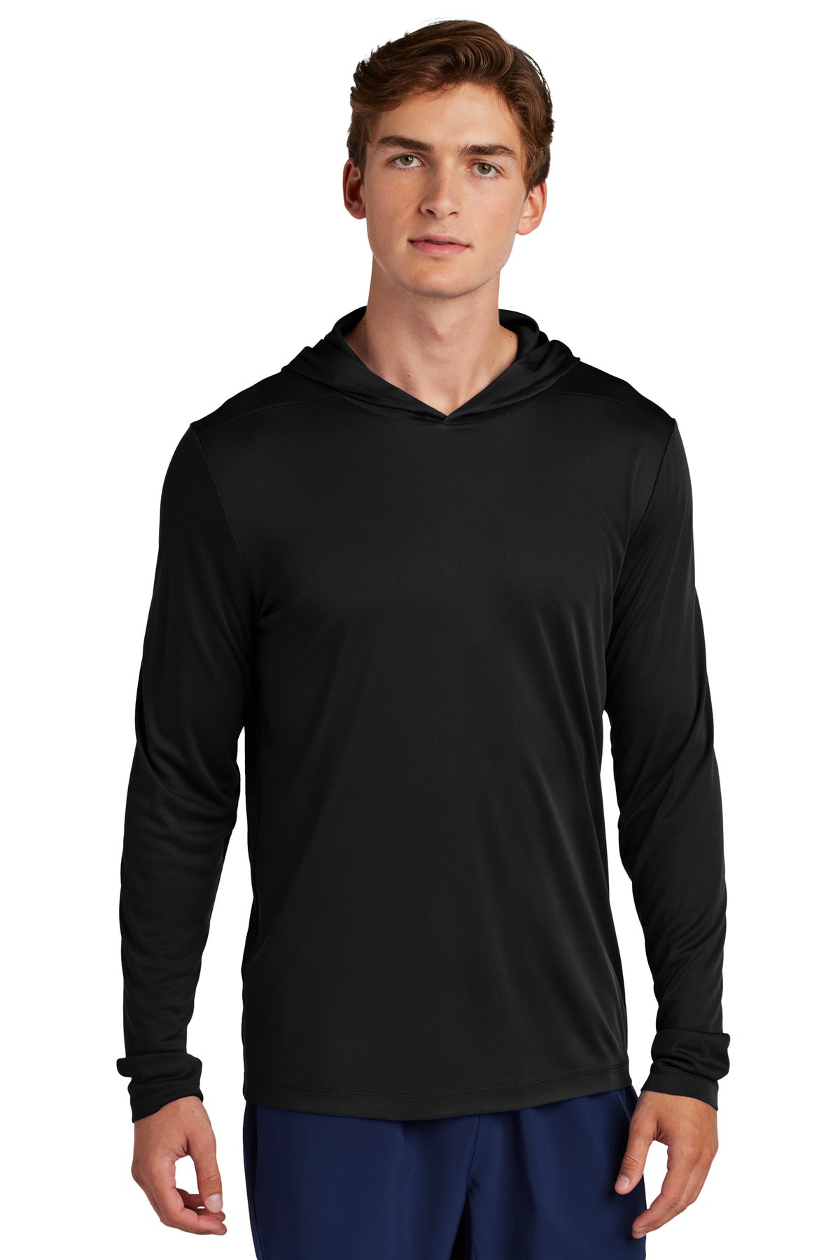 Front View of Black Sport-Tek Posi-UV Pro Long Sleeve Hoodie ST420LSH  - XS