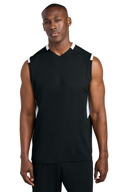 Front View of Blk/White Sport-Tek Club Sleeveless V-Neck ST441  - XS