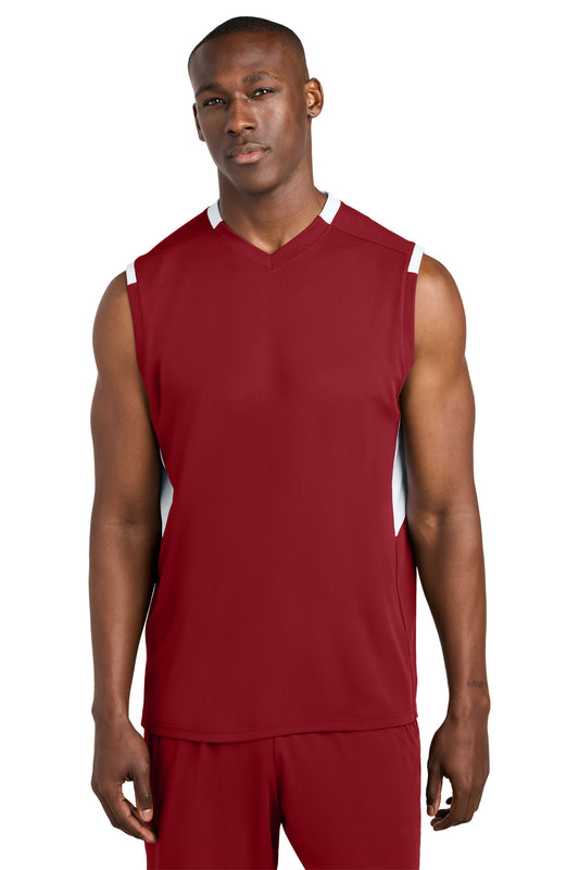 SanMar ST441_deepredwhite_model_front.jpg