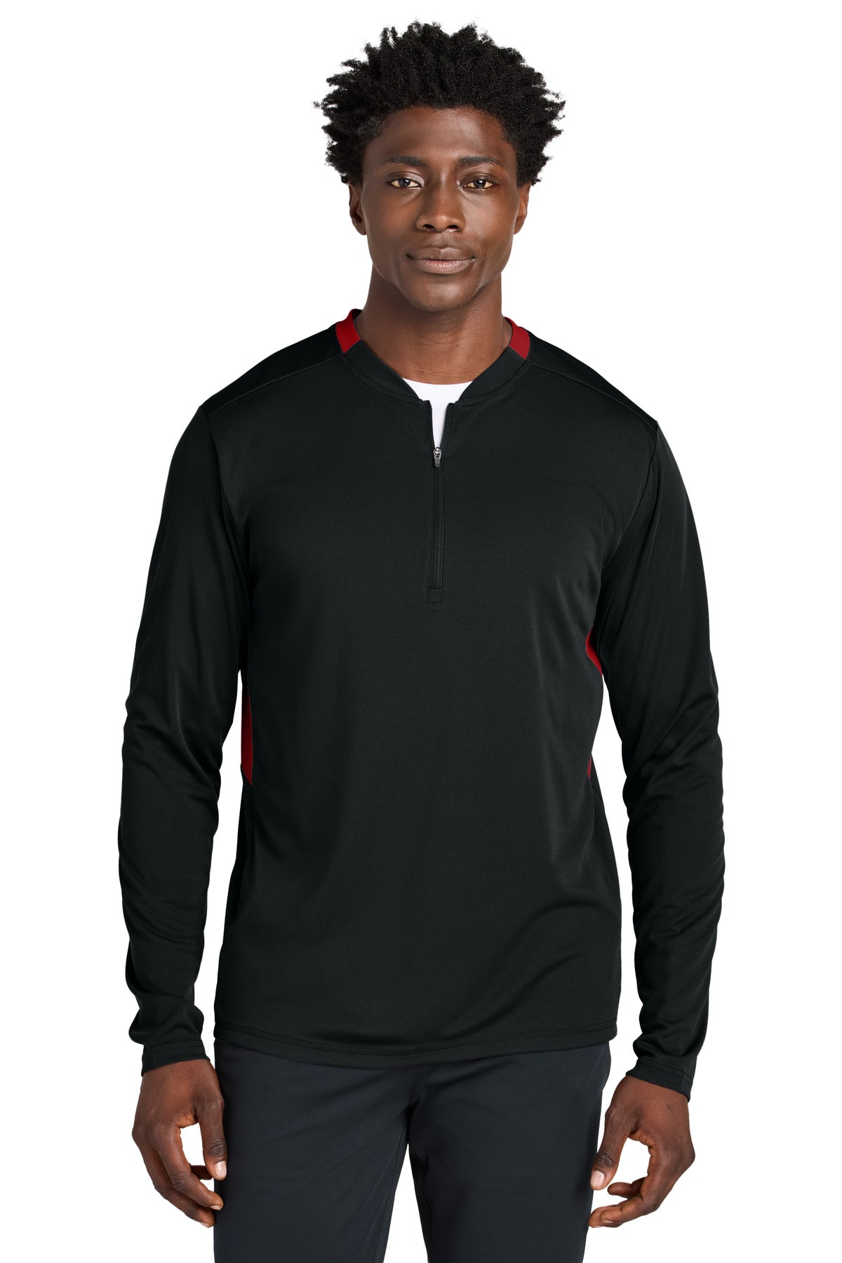 Front View of Blk/DpRed Sport-Tek Club 1/4-Zip Pullover ST443  - XS