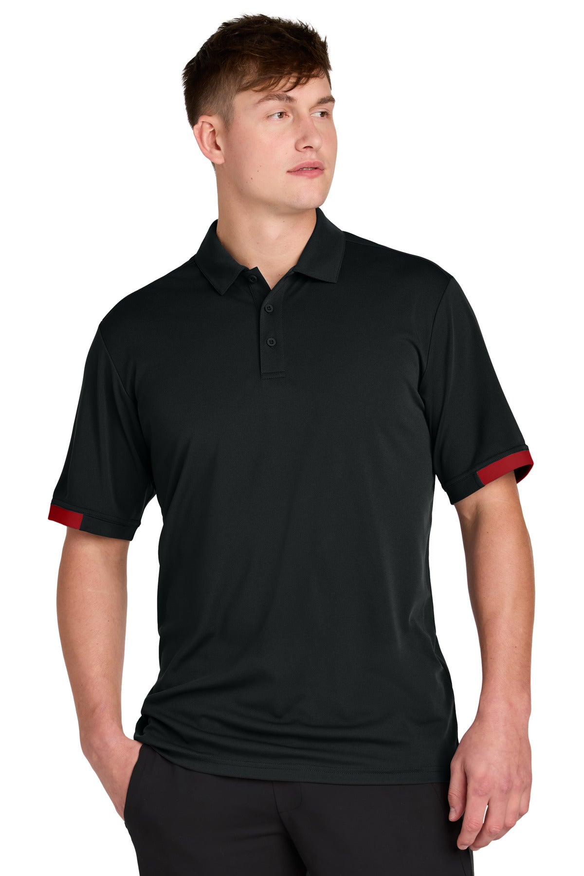 Front View of Blk/DpRed Sport-Tek Club Colorblock Polo ST444  - XS