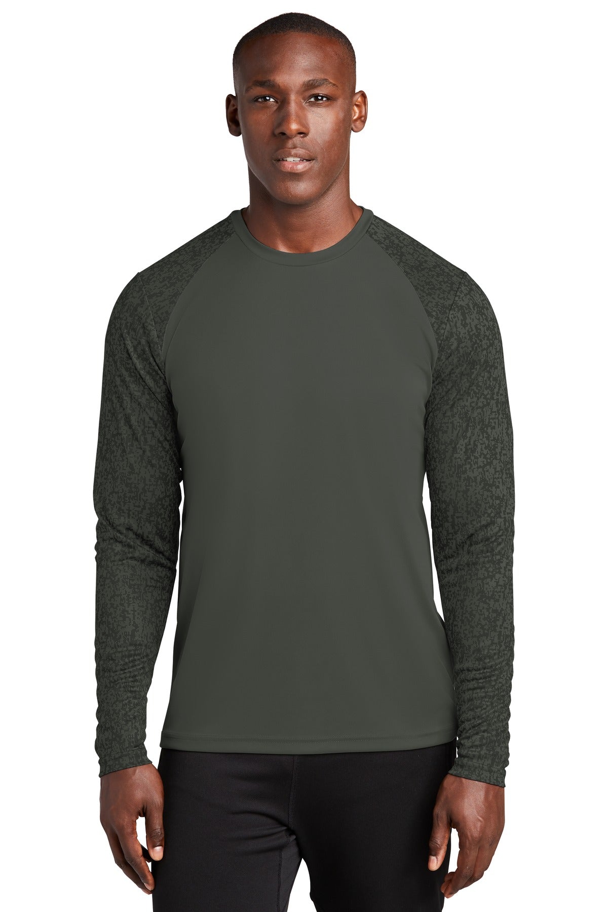 Front View of Black Sport-Tek Long Sleeve Digi Camo Tee. ST460LS  - XS