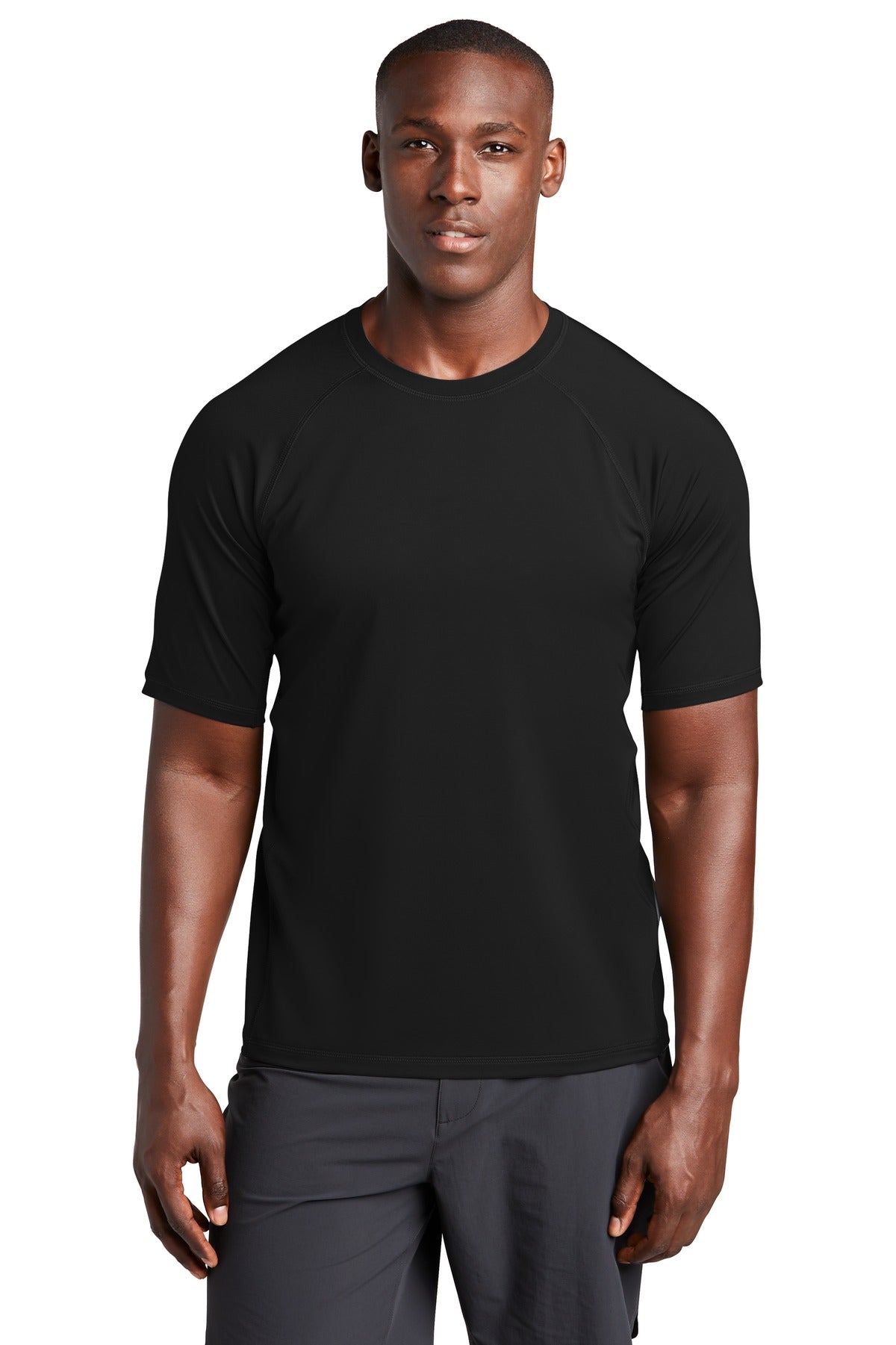 Front View of Black Sport-Tek Rashguard Tee. ST470  - XS