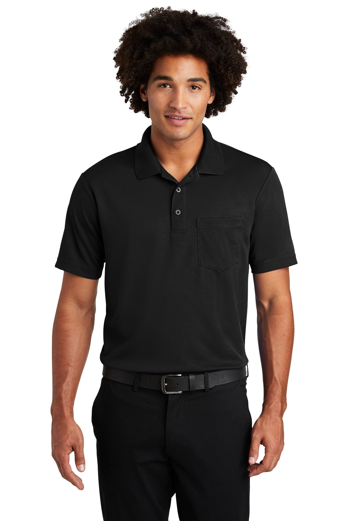 Front View of Black Sport-Tek PosiCharge RacerMesh Pocket Polo. ST640P  - XS