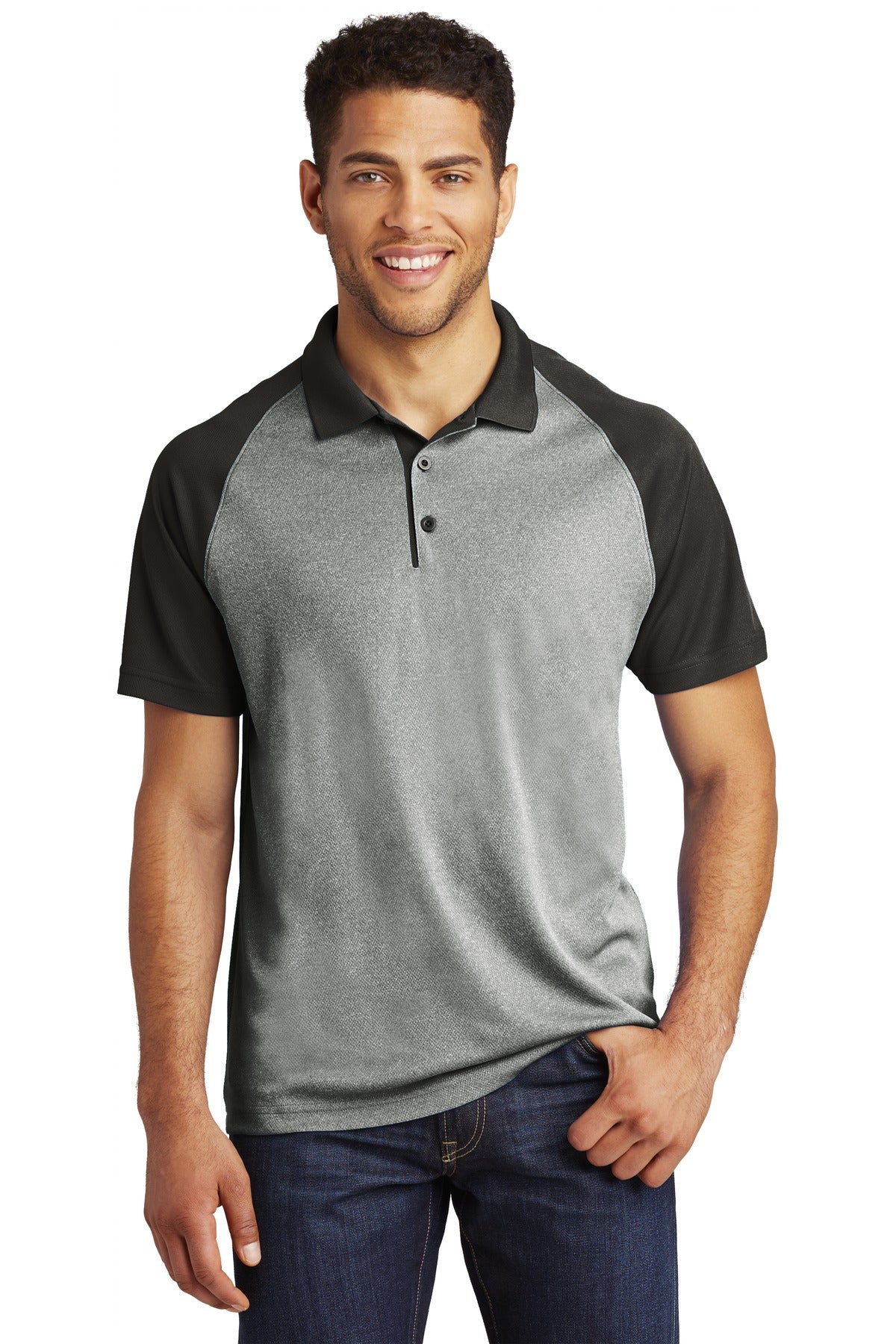 Front View of Grey Hthr/Blk Sport-Tek PosiCharge RacerMesh Raglan Heather Block Polo. ST641  - XS