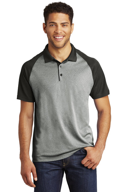 Front View of Grey Hthr/Blk Sport-Tek PosiCharge RacerMesh Raglan Heather Block Polo. ST641  - XS