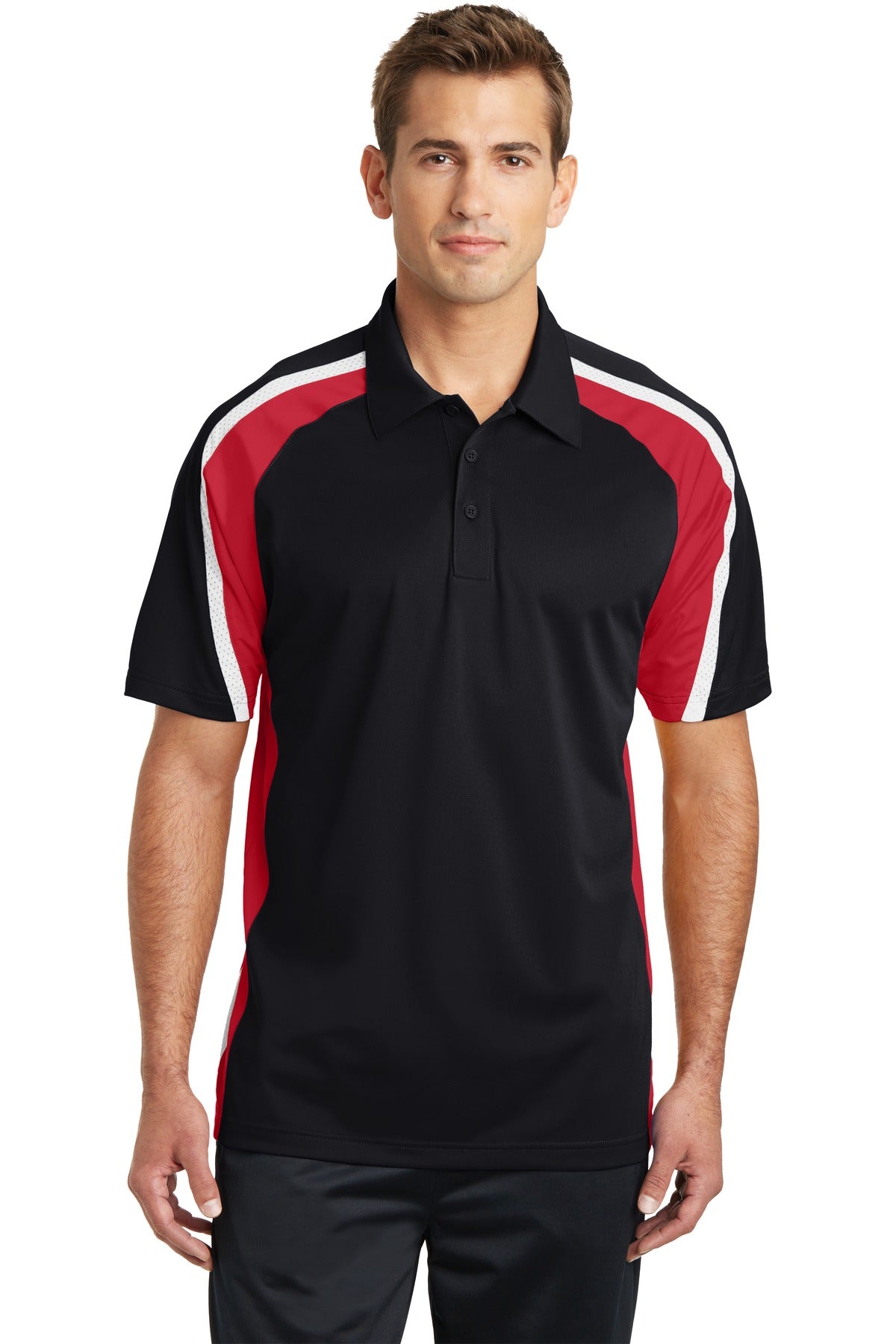 Front View of Blk/Tr Red/Wht Sport-Tek Tricolor Micropique Sport-Wick Polo. ST654  - XS