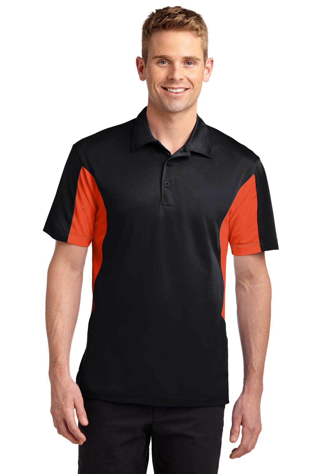Front View of Black/Dp Orng Sport-Tek Side Blocked Micropique Sport-Wick Polo. ST655  - XS