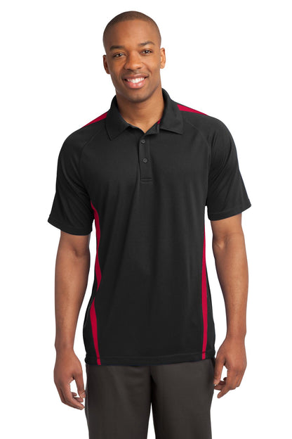 Front View of Black/Tr Red Sport-Tek PosiCharge Micro-Mesh Colorblock Polo. ST685  - XS