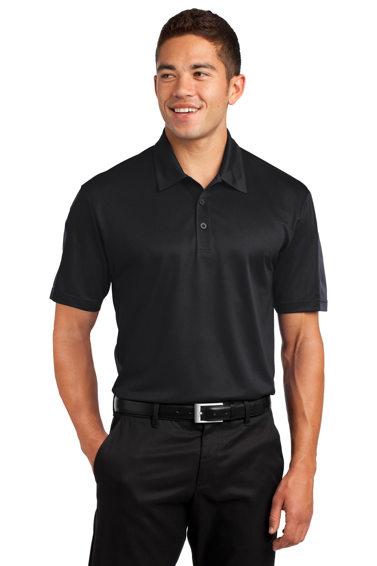 Front View of Black/Grey Sport-Tek PosiCharge Active Textured Colorblock Polo. ST695  - XS